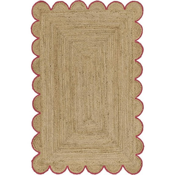 Jaipur Art And Craft Scalloped Hand Braided Beige Pink Border Rectangle Jute Area Rug (3x8 Sq ft)