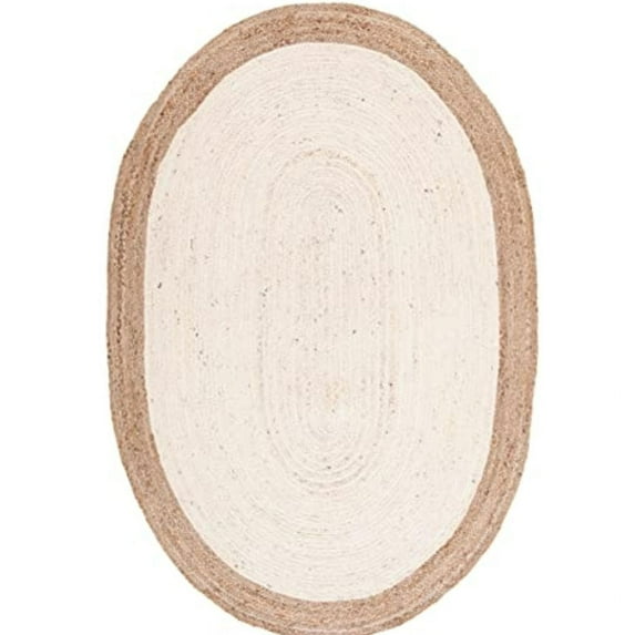 Jaipur Art And Craft White with Beige Border Handmade Oval Braided Reversible Jute Area Rug Rug Size - (10x13 Sq Feet), (120x156 Inches), (300x390 CM)