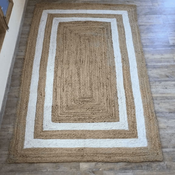 Jaipur Art And Craft White with Beige Jute Area Rug Runner Hand Braided Carpet (3x5 Sq ft)