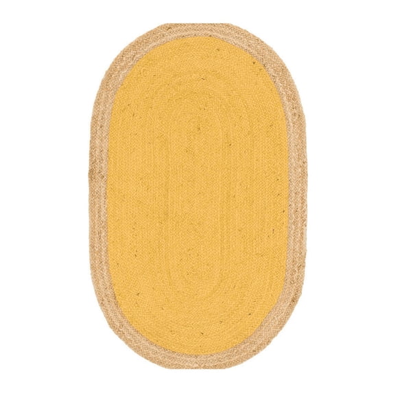 Jaipur Art And Craft Yellow with Beige Border Handmade Oval Braided Reversible Jute Area Rug Rug Size - (8x11 Sq Feet), (96x132 Inches), (240x330 CM)