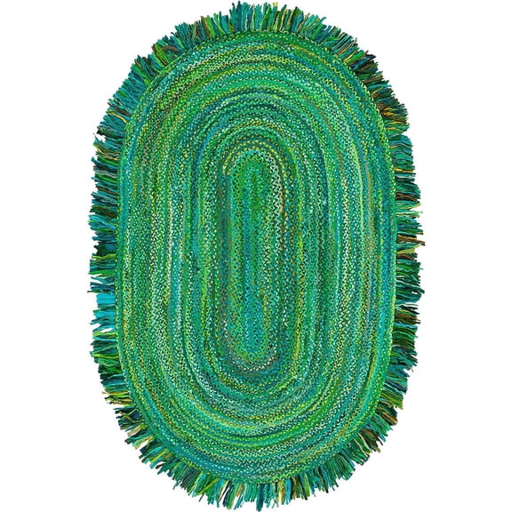Jaipur Art And Craft Bohemian Hand Braided Green Color Cotton Chindi Area Rug Home Décor Oval Carpet Rug Size - (8x10 Sq Feet), (96x120 Inches), (240x300 CM)