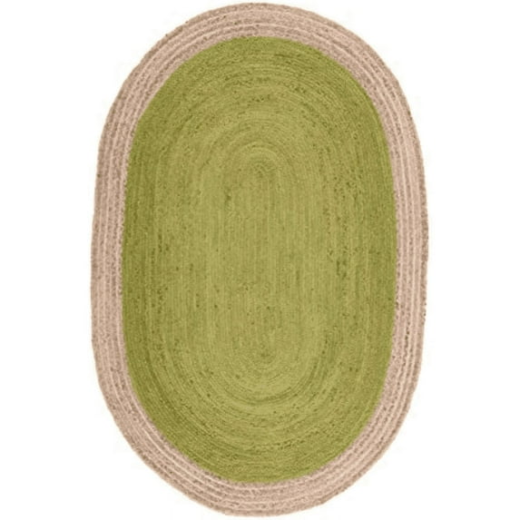 Jaipur Art And Craft Green with Beige Border Handmade Oval Braided Reversible Jute Area Rug Rug Size - (10x14 Sq Feet), (120x168 Inches), (300x420 CM)