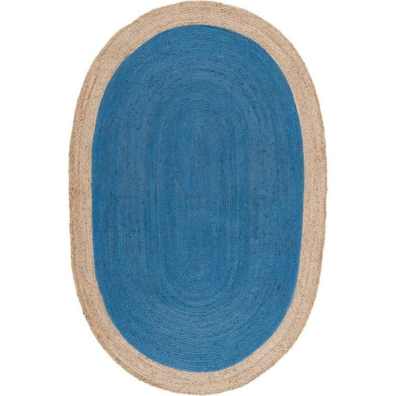 Jaipur Art And Craft Light Blue with Beige Border Handmade Oval Braided Reversible Jute Area Rug Rug Size - (2.6x8 Sq Feet), (31x96 Inches), (78x240 CM)