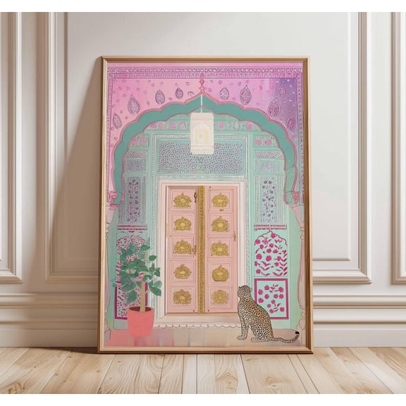 Jaipur Doorway Indian Palace Boho Exotic Pink Teal Architecture Unframed Paper Print
