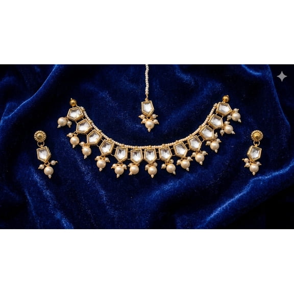 Jaipur Jewellery - Elegant Gold-Tone Mirror Polki & Pearl Bridal Jewelry Set  Necklace, Earrings & Maang Tikka for women