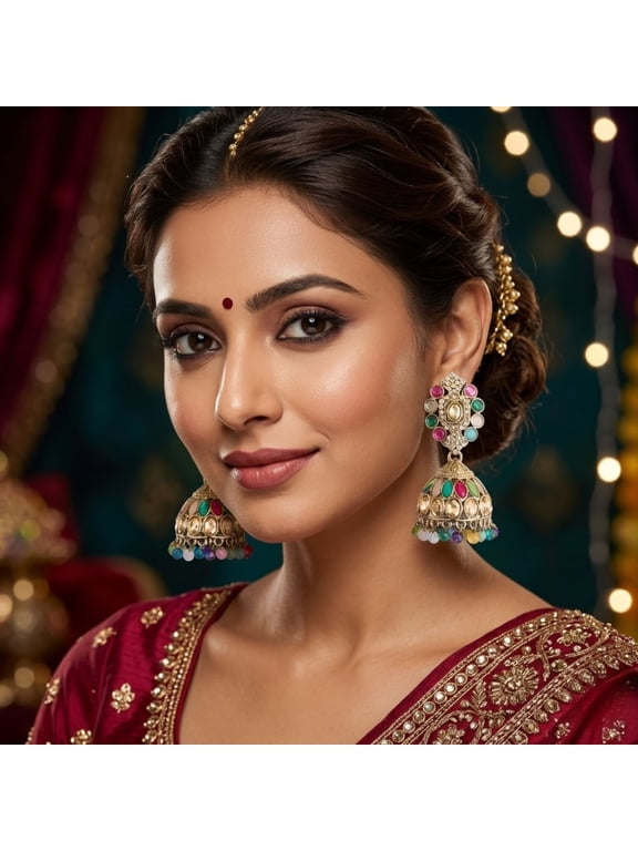 - Elegant Womens Multicolor Jhumka Earrings Traditional Ethnic Dangle Jewelry with Crystal & Bead Detailing