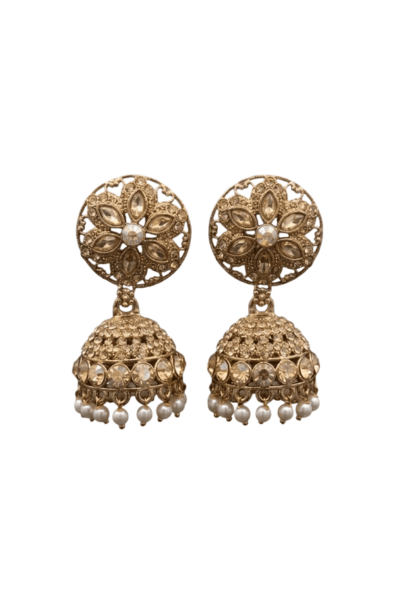 - Gold Plated Jhumka Earrings for Women with Pearl Drops Traditional Floral Design Ethnic Party Wear Jewellery