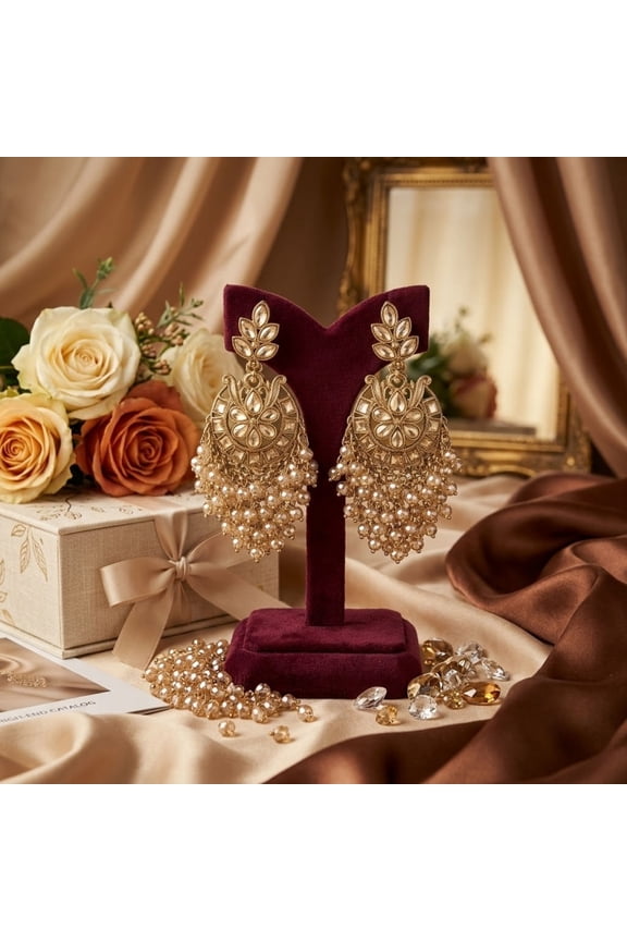 - Womens Gold Crystal Chandelier Earrings with Beaded Tassel Drops, Ethnic Floral Statement Jewelry for Women