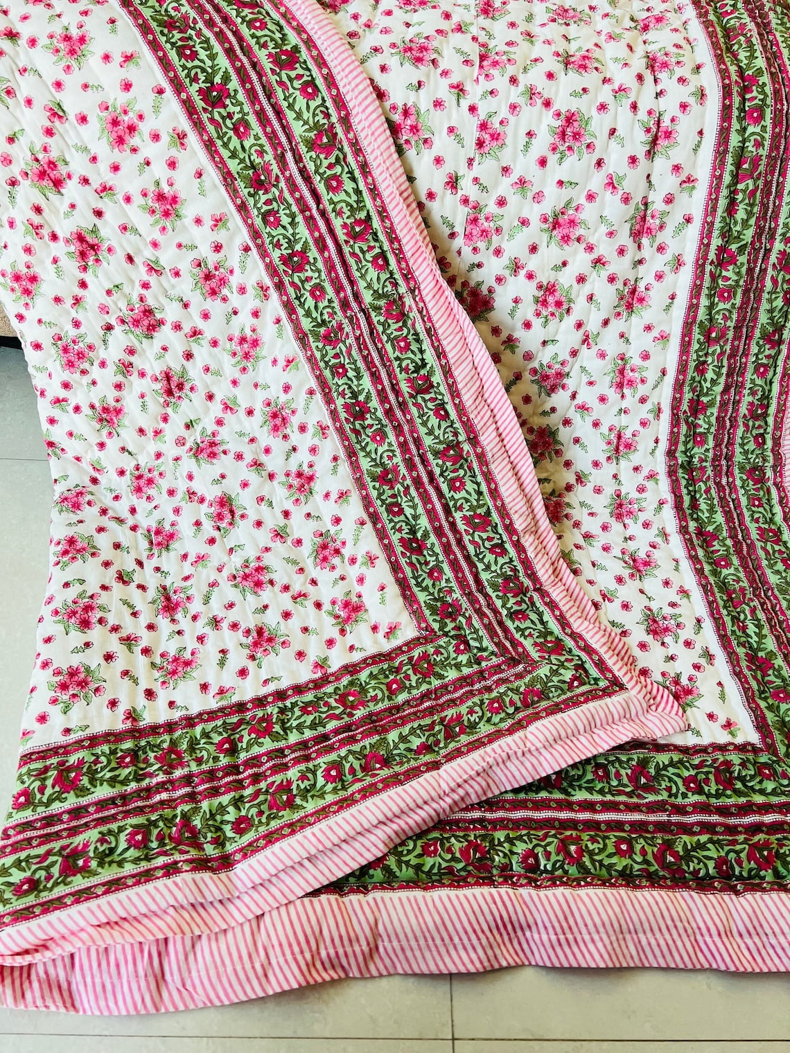 Jaipur Razai Cotton Quilt, Hand Block Print Indian Kantha Bedspread ...