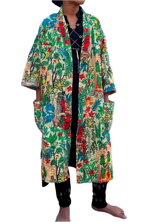 Handmade 100% Cotton Kantha Kimono Free Size Beach Cover Up Swimwear Cardigan With Two Side Pockets Women Summer Bikini Kimono