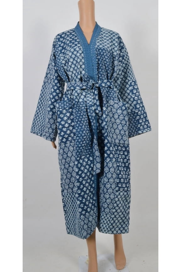 Jaipuri Print !! Long Kimono, Patchwork Indigo Print Bath Robe, Kimono Indian Cotton Handmade Kantha Stitch ,Night Wear Suit Dressing Gown