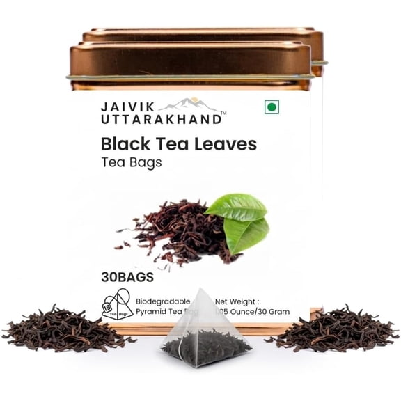 Jaivik Uttarakhand - Dry Black Leaf Tea Bags, English Breakfast, High Caffeine, Pure Unblended Single Origin, Vacuum Sealed, Pack of 2 Tin Can, 15 Tea Bags