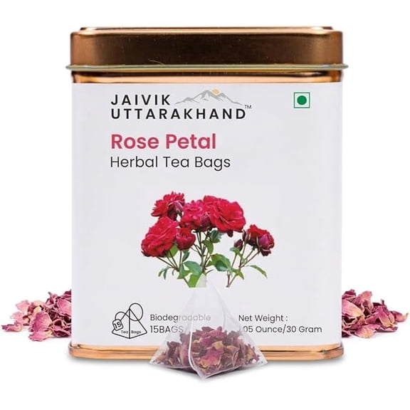 Jaivik Uttarakhand Farm - Rose Petals Tea Bags (15), Glowing Skin, Gulab Patti, Soothing Tea for Relaxation, Pack of 1 Tin Can