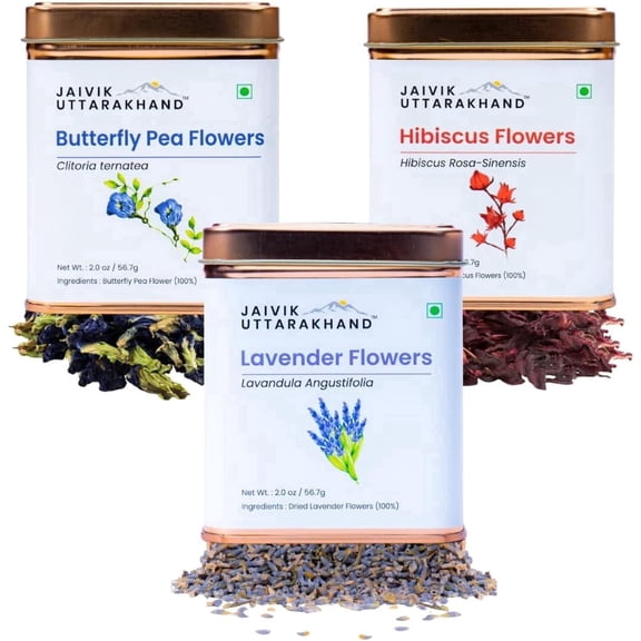 Jaivik Uttarakhand - Herbal Tea Gift Pack (3 Count, 56.7g, Hibiscus, Lavender, Blue Pea Tin Can)