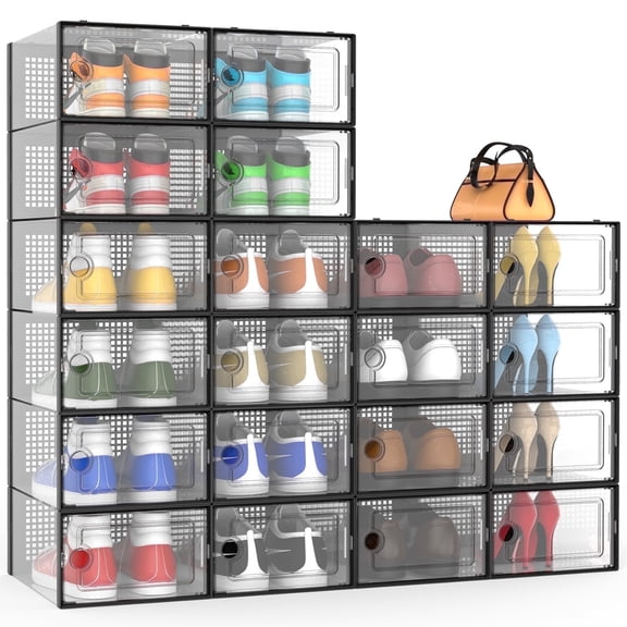 JakMean 20x Stackable Clear Shoe Boxes, XX-Large Plastic Waterproof Shoe Storage Boxes, Foldable Sturdy Shoe Storage Organizer for Closet, Entryway