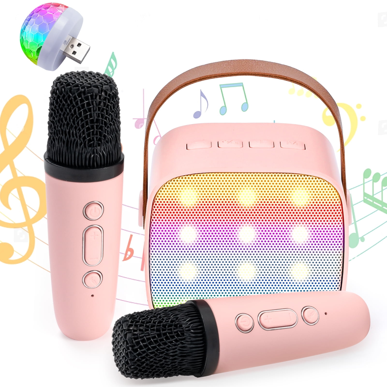 JakMean Mini Karaoke Machine, Portable Bluetooth Karaoke Singing Speaker with 2 Wireless Mic & LED Light for Kids Adults, Birthday Gift for Girls Boys Family Home Party
