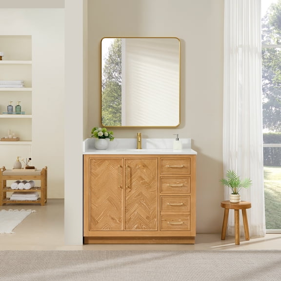 Jakarta 42" Single Bath Vanity in Oak Natural Brown with White Quartz Stone Top
