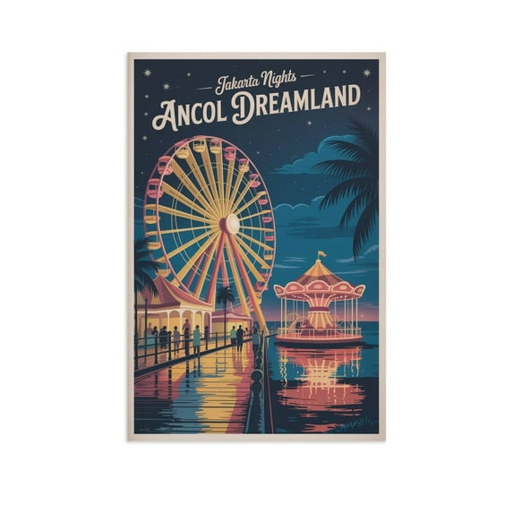 Jakarta Ancol Dreamland Night Poster Vintage Retro Travel Beach Amusement Park Wall Art Print Poster