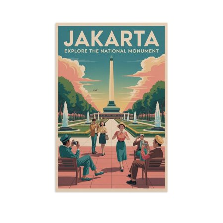 Jakarta Explore National Monument Monas Vintage Travel Poster Retro Indonesia Cityscape Wall Art Print Poster
