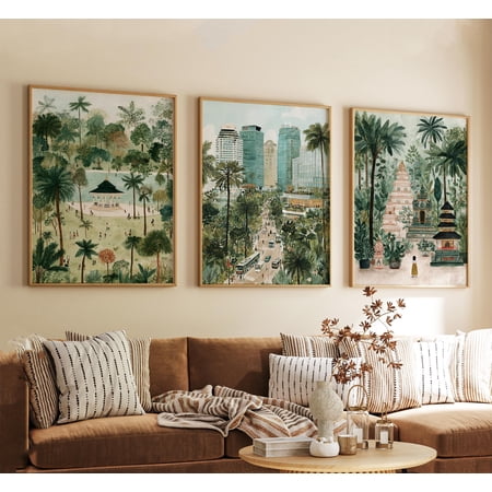 Jakarta Indonesia Poster Vintage Inspired City Skyline Wall Art Neutral Asian Travel Prints Set 3, Poster Only