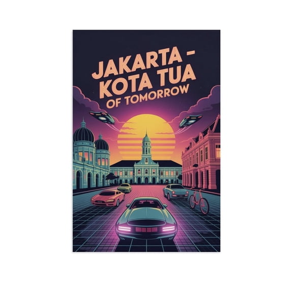 Jakarta Kota Tua Retro Futurism Poster Neon Old Town Sci Fi Travel Indonesia Wall Art Canvas Poster