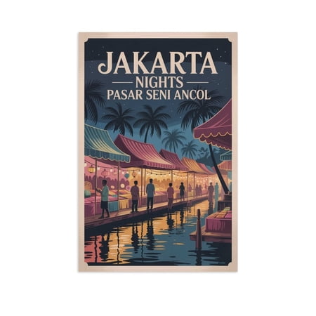 Jakarta Pasar Seni Ancol Night Poster Vintage Retro Travel Market Crafts Indonesia Wall Art Canvas Poster