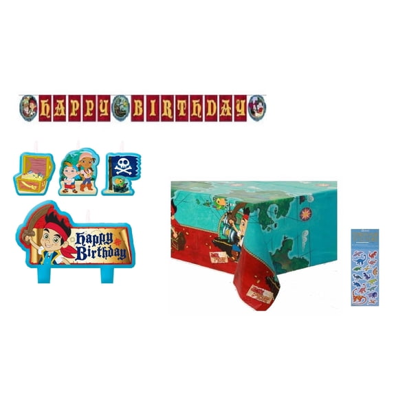 Jake and the Neverland Pirates Birthday Party Supplies Bundle include 1 Happy Birthday Banner, 1 Plastic Table Cover, 4 Piece Birthday Candls, 1 Dinosaur Sticker Sheet