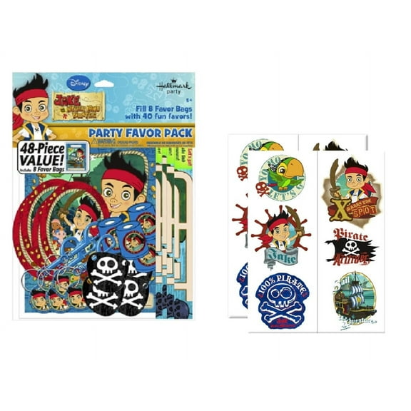 Jake and the Neverland Pirates Birthday Party Supplies Bundle includes 48pc Favors: 8 loot bags, 8 Eye Patches, 8 Activity Sheets, 8 Backpack Clips, 8 Jumbo Stickers, 8 Pirate Spy Tube + 12 Tattoos
