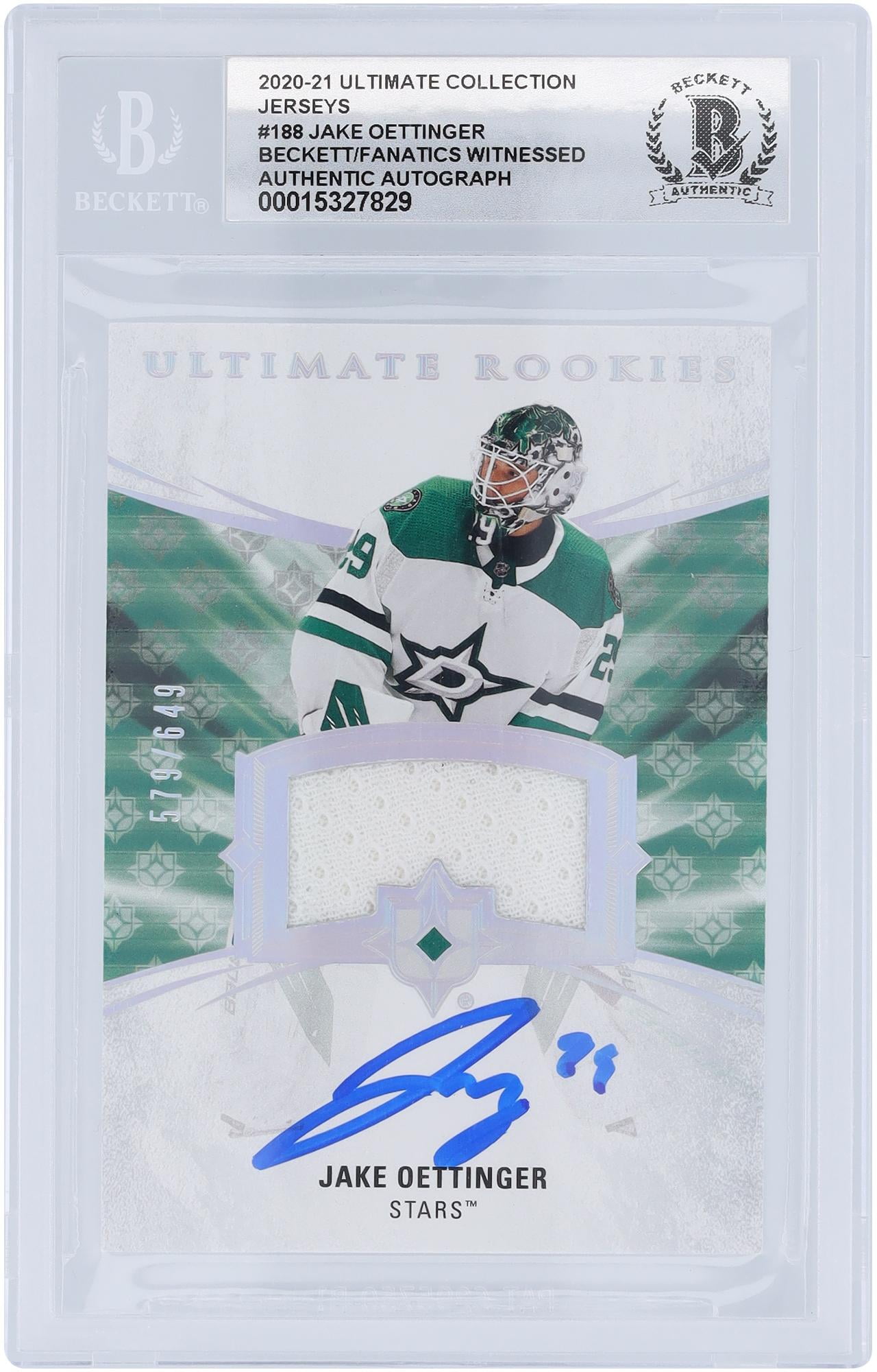 Jake Oettinger Dallas Stars Autographed 2020-21 Upper Deck Ultimate Collection White Relic #188 #/649 Beckett Fanatics Witnessed Authenticated 10 Rookie Card - Fanatics Authentic Certified