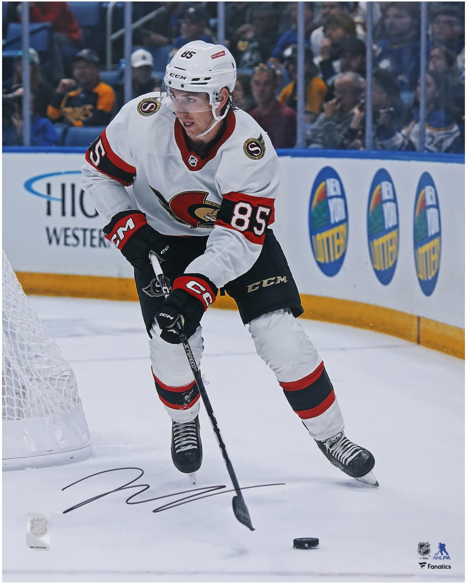 Jake Sanderson Ottawa Senators Autographed 16" x 20" White Jersey NHL Debut Photograph - Fanatics Authentic Certified