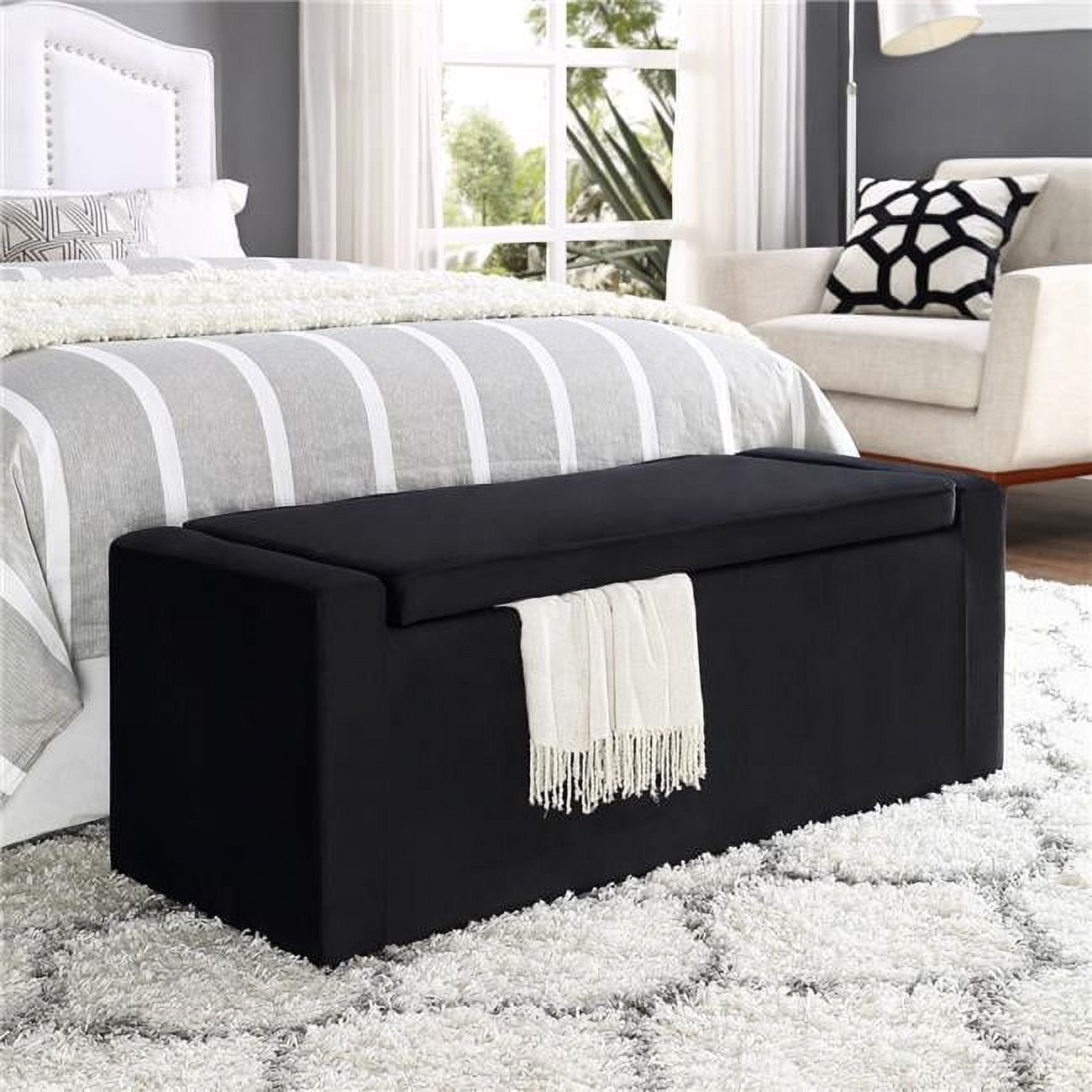Posh Living Jake Velvet Upholstered Bench with Shoe Storage in Black ...