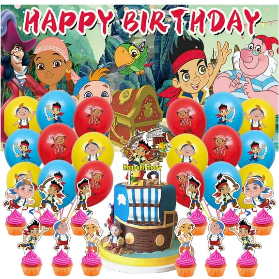 Jake and the Never Land Pirates Party Decor Decorations Birthday Set for Kids Supplies Kit Latex Balloons Cake Topper Fans Banner Backdrop