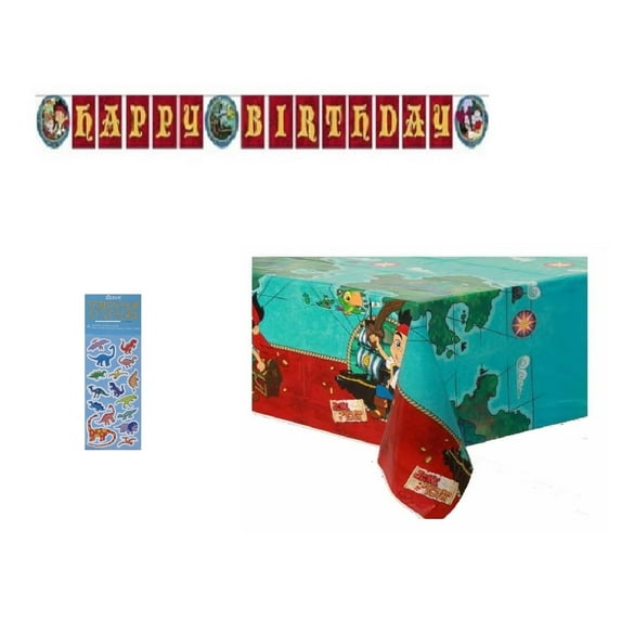 Jake and the Neverland Pirates Birthday Party Supplies Bundle include 1 Happy Birthday Banner, 1 Plastic Table Cover, 1 Dinosaur Sticker Sheet