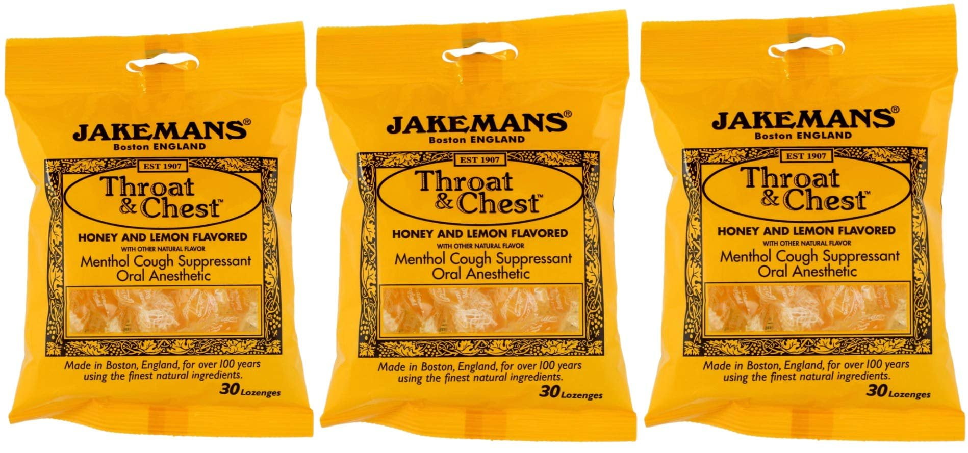 Jakemans Throat & Chest Lozenges, Honey Lemon & Menthol, Cough Drops, 3 pk