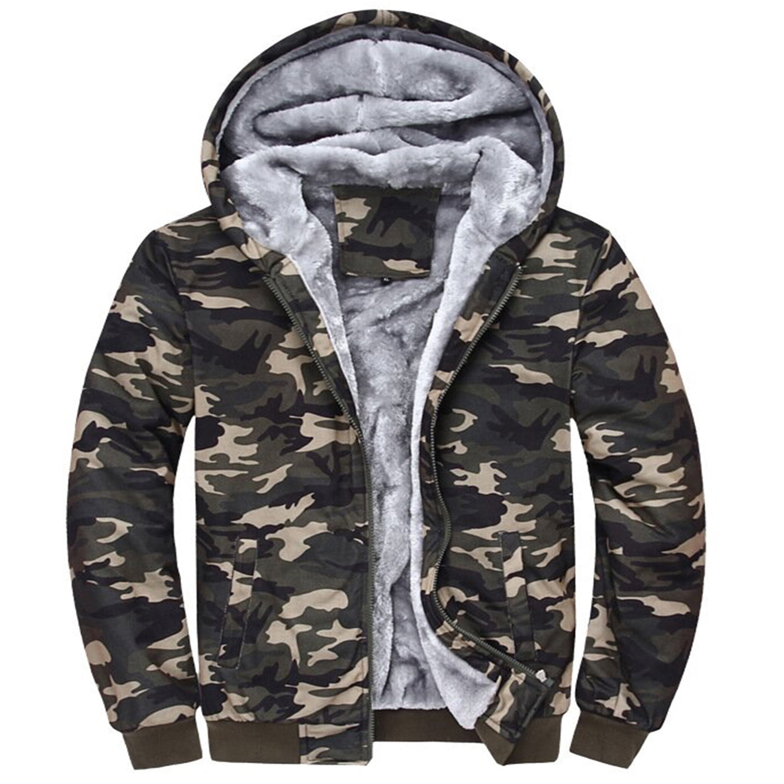 Men’s Hoodie Fleece Jacket With Pockets Warm Sherpa Lined Camo Hooded Coat