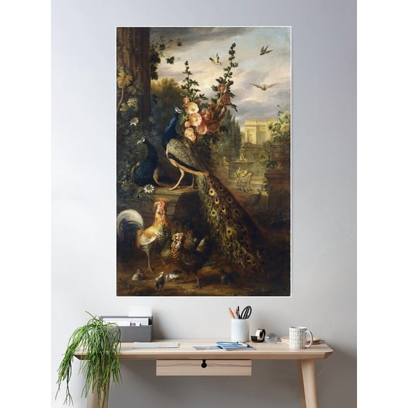 Jakob Bogdany - Two Peacocks On A Stone Plinth In A Garden Poster Wall Art, Modern Wall Decor For Living Room Bedroom, 24x36 UNFRAMED