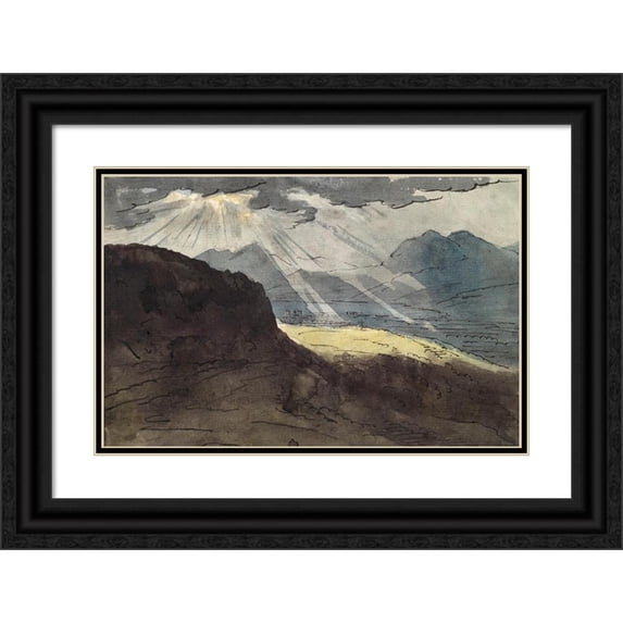 Jakob Christoph Miville 14x11 Black Ornate Wood Framed Double Matted Museum Art Print Titled: Mountain Landscape with Bright Sunlight (1805-1807)