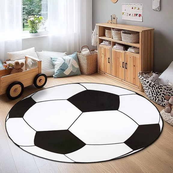 Jakolive 47 Inch Kids' Soccer Soft Round Carpet – Machine Washable Bedroom Bedside Mat, Perfect Gift for Children, Ideal for Soccer Fans to Decorate Nursery, Living Room & Dorm