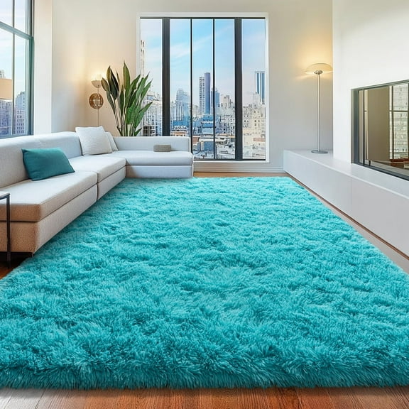 Jakolive 4x6 Feet Azure Plush Shag Rug, Soft Cozy Fuzzy Carpet with Enhanced Non-Slip Backing, Great for Bedroom, Living Room, Kids' Room, Boys' Room, Nursery, Teen Dorm - Stylish Home Decor
