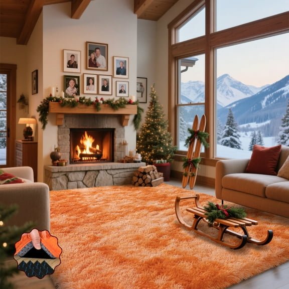 Jakolive 4x6 Feet Tie-Dye Orange Plush Shag Rug, Soft Cozy Fuzzy Carpet with Enhanced Non-Slip Backing, Great for Bedroom, Living Room, Kids' Room, Nursery, Teen Dorm - Stylish Home Decor