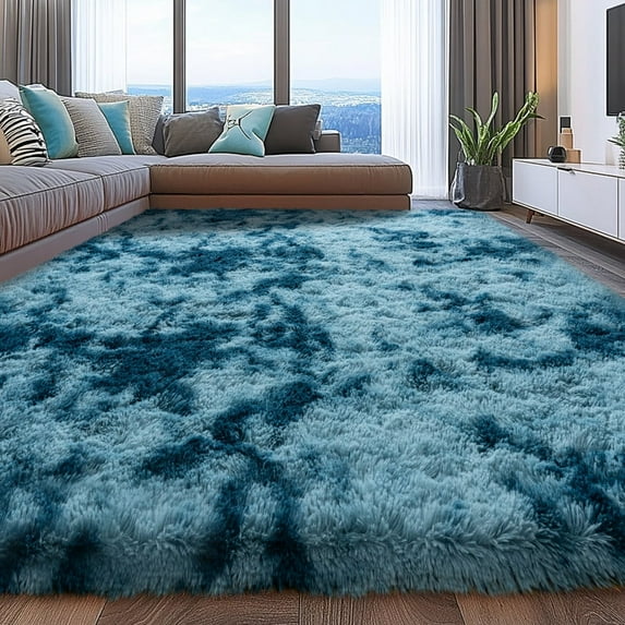 Jakolive 4x6 Feet Tie-Dye Peacock Blue Plush Shag Rug, Soft Cozy Fuzzy Carpet with Enhanced Non-Slip Backing, Great for Bedroom, Living Room, Kids' Room, Nursery, Teen Dorm - Stylish Home Decor