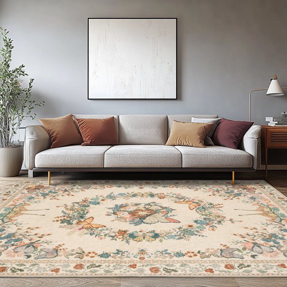 Jakolive 5x7 Fluttery Butterfly Design Rug, Spacious, Lightweight Carpet with Floral Accents, Non-Slip, Easy to Clean for Bedrooms and Living Areas, Apricot