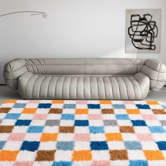 Jakolive 5x7ft Multicolor Checkered Rug, Plush High-Pile Plaid Carpet, Non-Slip for Bedroom, Living Room, Kids’ Room, Nursery & Dorm, Cozy Indoor Floor Covering