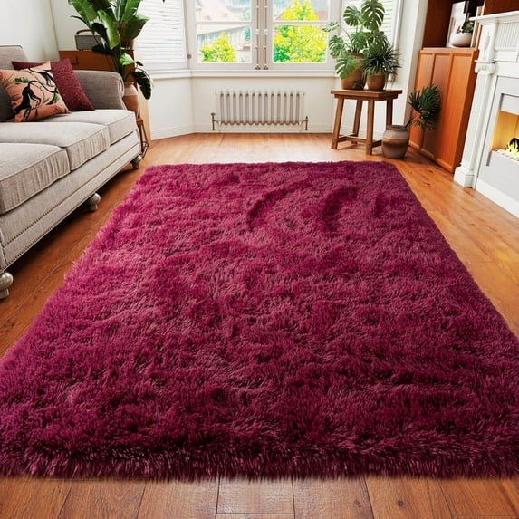 Jakolive 6x9 ft Wine Red Fluffy Rug from Solid Shag Line,Ultra-Plush Area Rug Perfect for Kid's Rooms, Cloakrooms. Crafted for Snug Underfoot Feel & Stylish Room Accents