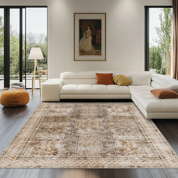 Jakolive 8x10 Light Brown Floor Rug, Vintage Oriental Design, Machine-Washable. A Large Low-Pile Carpet - Soft, Plush, Non-Slip, Stain-Resistant, Fade-Proof, Ideal for Living Rooms and Bedrooms
