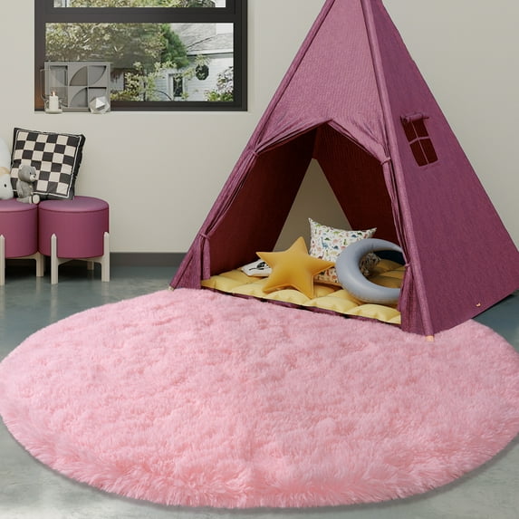 Jakolive Cute 4'x4' Round Kids' Rug, Pink Princess Castle Style, Fluffy Plush Shaggy Texture, Perfect for Girls' Bedroom, Living Room