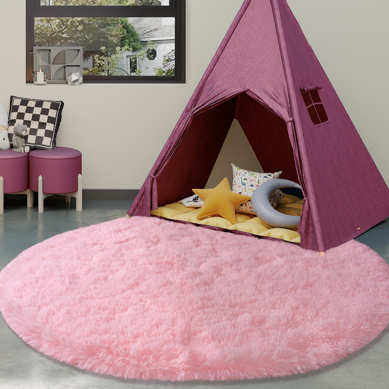 Jakolive Cute 5'x5' Round Kids' Rug, Pink Princess Castle Style, Fluffy ...