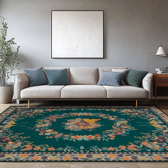 Jakolive Eye-Catching Butterfly Area Rug, 8x10, Large Indoor Carpet with Bold Prints, Lightweight, Washable for Bedrooms and Family Spaces, Dark Green