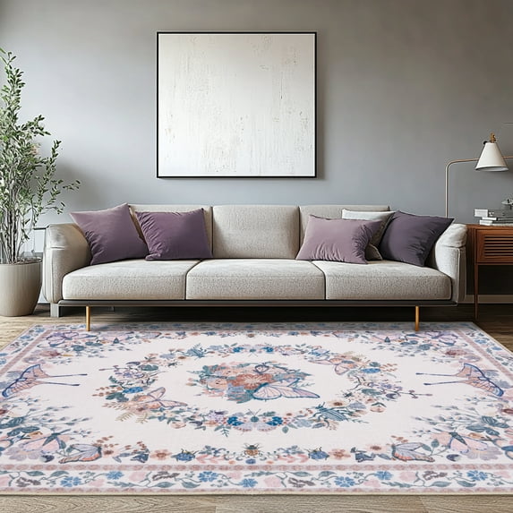 Jakolive Eye-Catching Butterfly Area Rug, 8x10, Large Indoor Carpet with Bold Prints, Lightweight, Washable for Bedrooms and Family Spaces, Pink