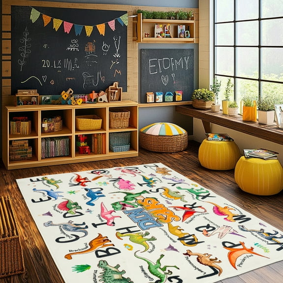 Jakolive Kids 4x5' Dinosaur Alphabet Rug, Educational Non-Slip Playmat, Soft and Washable, for Toddler Playrooms and Bedrooms, Beige